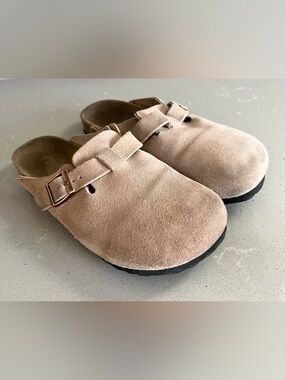 Birkenstock Boston Taupe Classic Suede Soft Footbed Clogs Shoes Women 9 Men 6